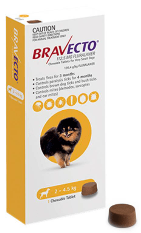 Pastilla antipulgas Bravecto de 2.4kg - 5kg para perro (por pastilla)