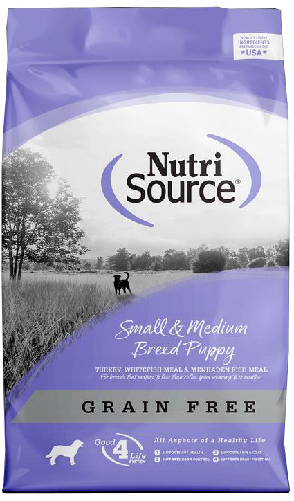 NUTRI SOURCE GRAIN FREE DOG FOOD PUPPY SMALL & MEDIUM BREED TURKEY, WHITEFISH MEAL &MENHADEN FISH 1.8KG